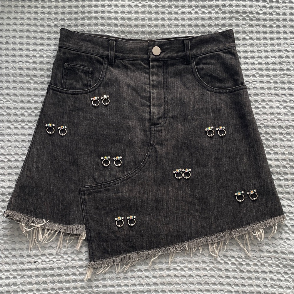 Sandy Liang FW17 Black Denim Asymmetric Mini Skirt with Swarovski Piercings